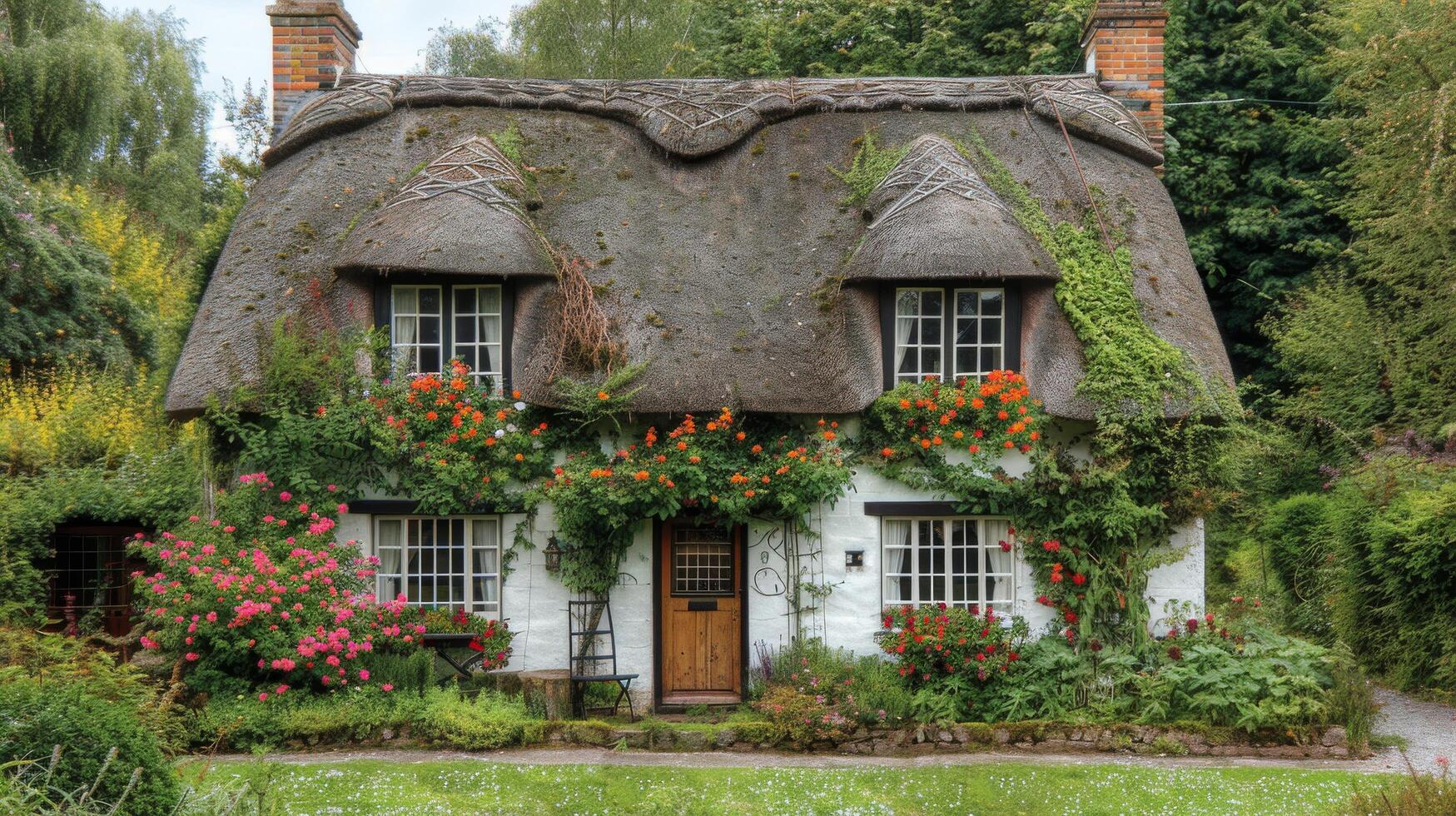 casa cercado de flores pintura foto