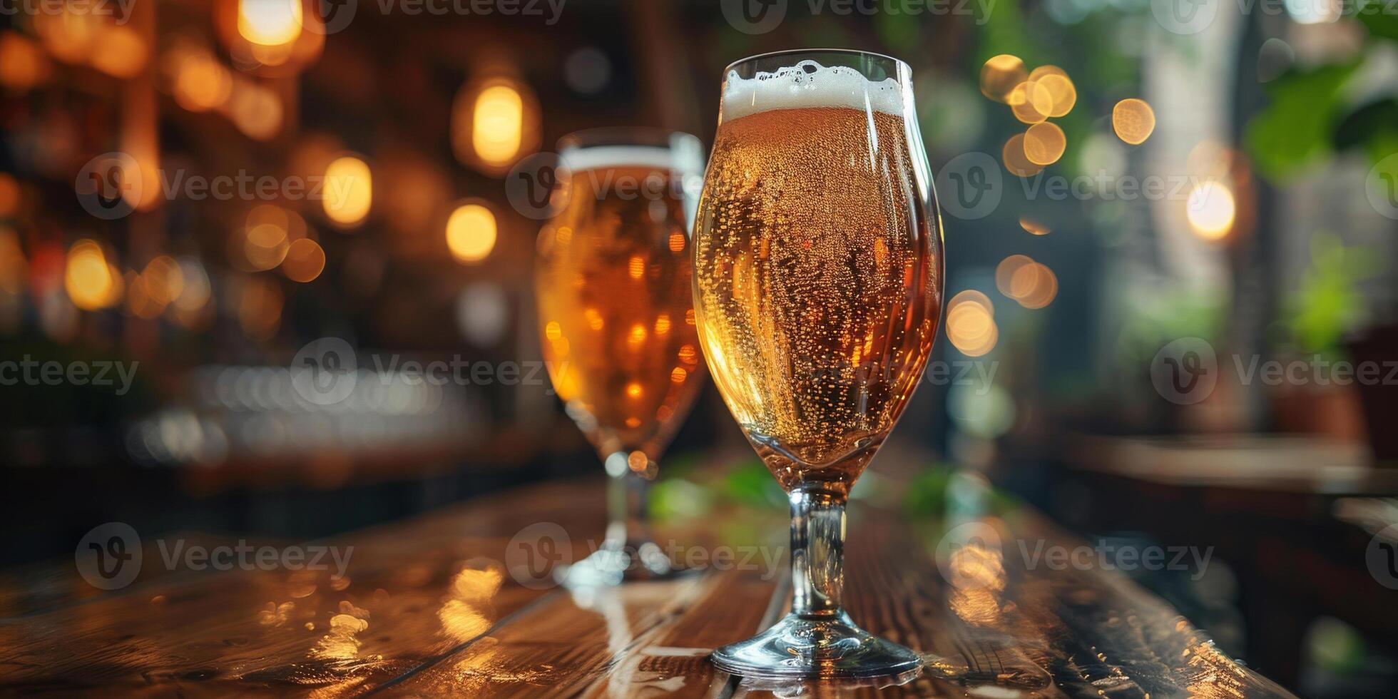 ai gerado isto foto captura uma acolhedor taberna cena com dois óculos do Cerveja colocada em topo do uma de madeira Barra contador