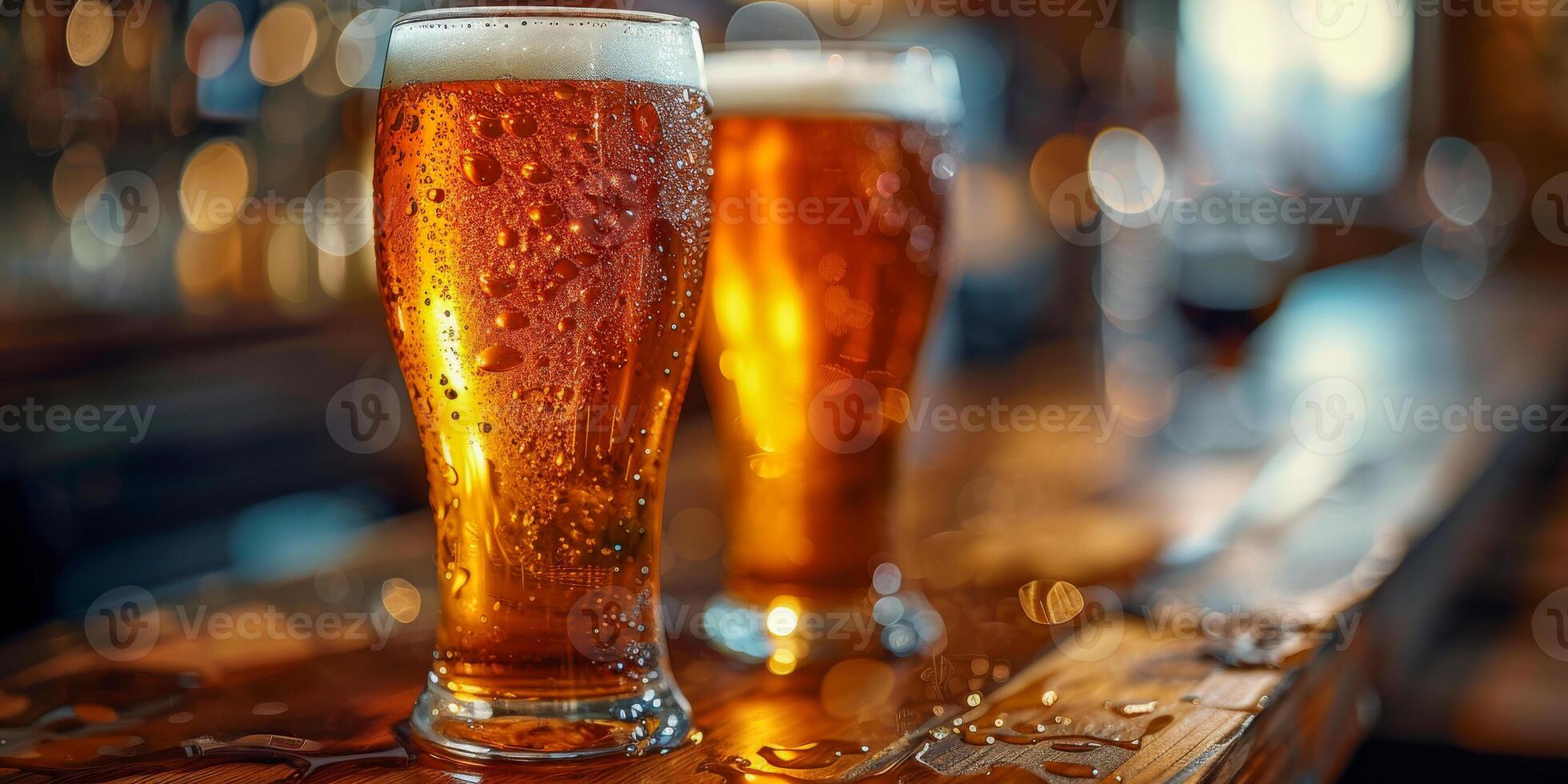 ai gerado isto foto captura uma acolhedor taberna cena com dois óculos do Cerveja colocada em topo do uma de madeira Barra contador