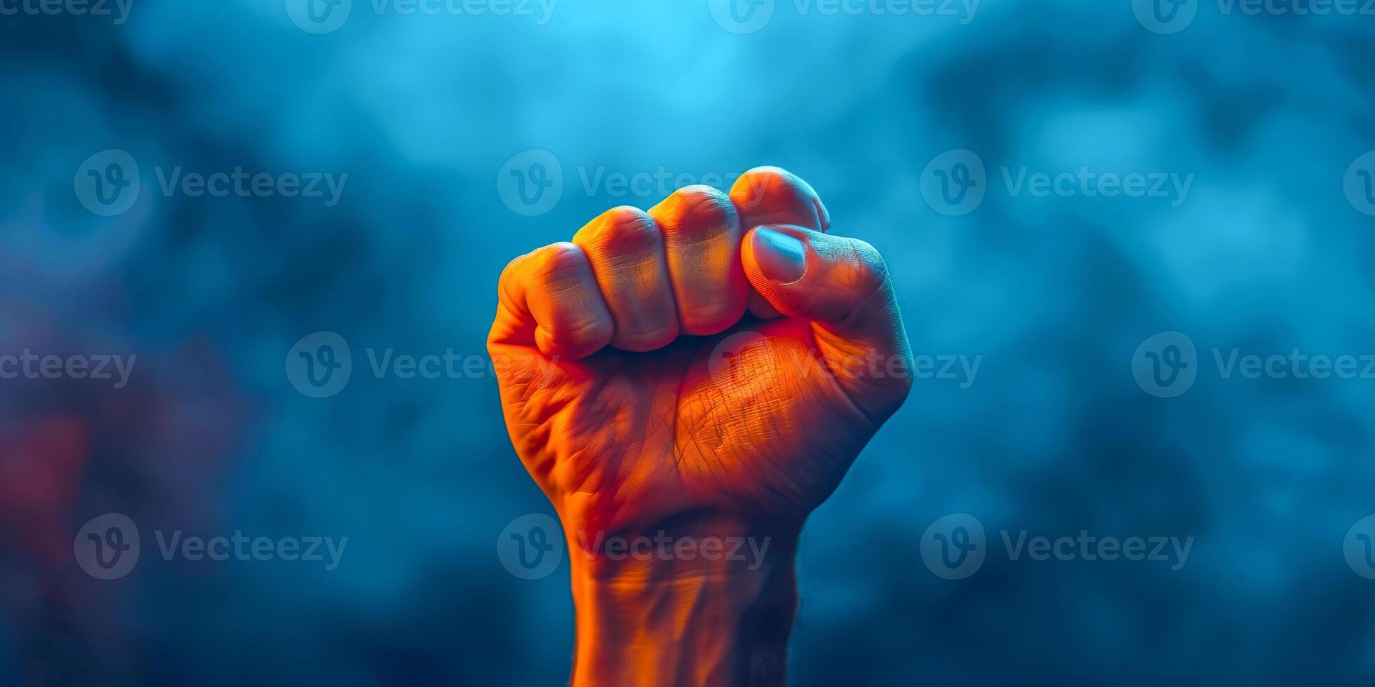ai gerado uma Forte e poderoso imagem do uma pessoa levantando seus punho dentro a ar, simbolizando desafio e protesto. a gesto exala fortalecimento e determinação foto