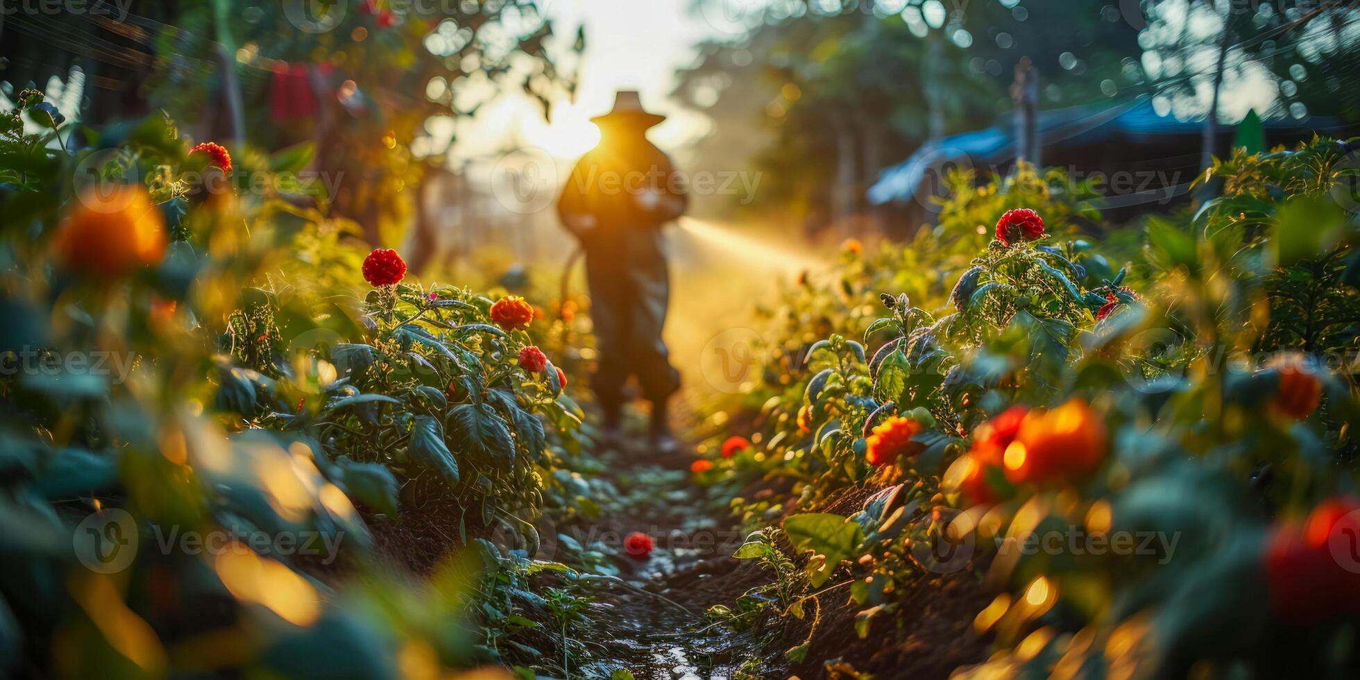 ai gerado agricultor pulverização orgânico pesticidas dentro flor jardim. trabalhador dentro protetora engrenagem meticulosamente tende para vibrante floresce às pôr do sol foto