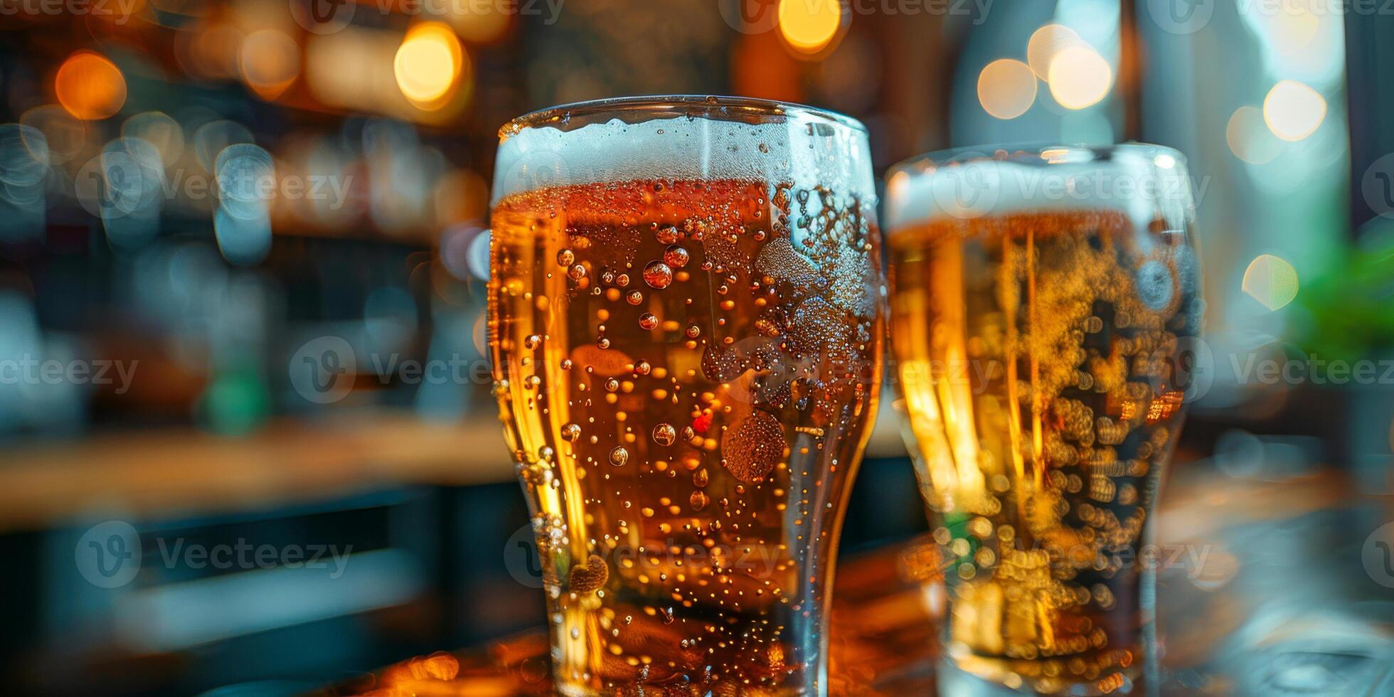 ai gerado isto foto captura uma acolhedor taberna cena com dois óculos do Cerveja colocada em topo do uma de madeira Barra contador