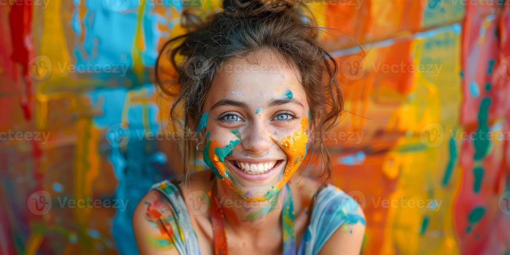 ai gerado delicioso jovem menina com encaracolado cabelo e face manchado com vibrante pintura cores, sorridente brilhantemente dentro frente do uma colorida pano de fundo foto