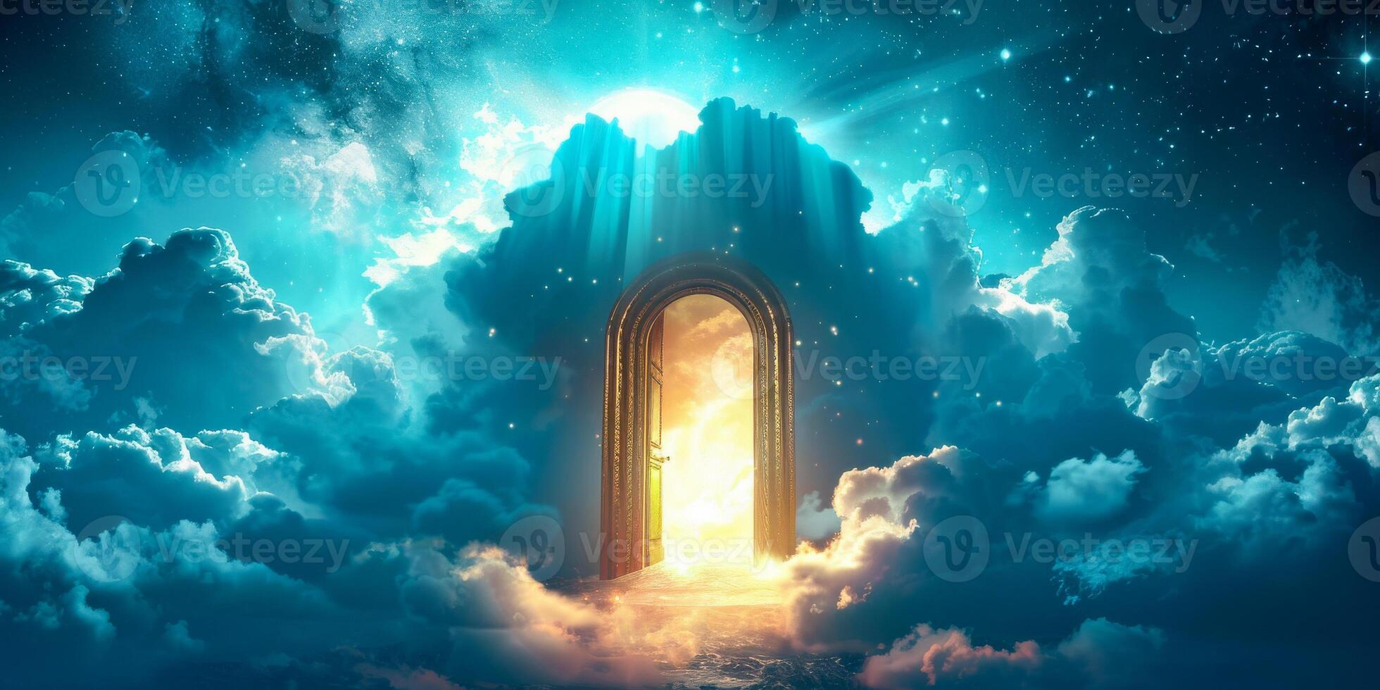 ai gerado isto imagem captura uma surreal cena do uma porta flutuando no meio fofo nuvens dentro a céu, criando uma misterioso e encantador vista foto