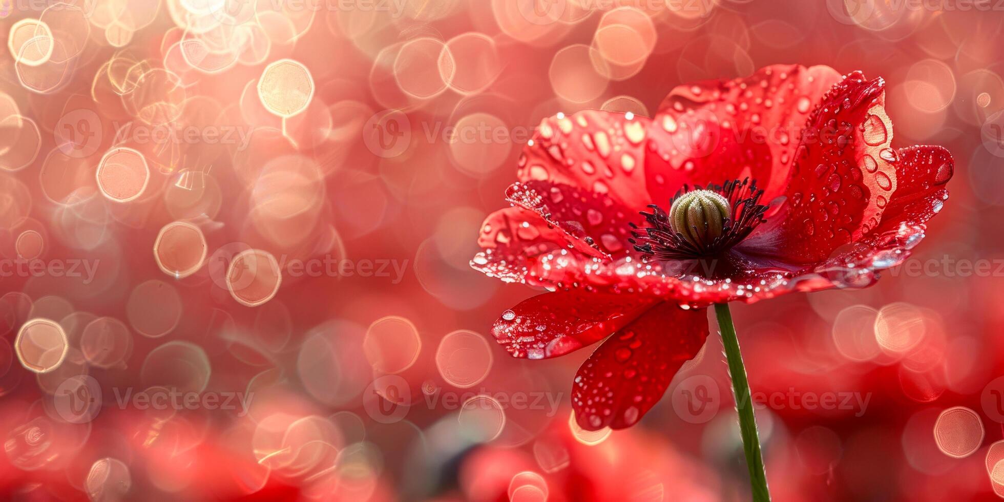 ai gerado fechar-se do uma solitário vermelho papoula flor, Está delicado pétalas adornado com fresco água gotas contra uma macio, bokeh fundo foto