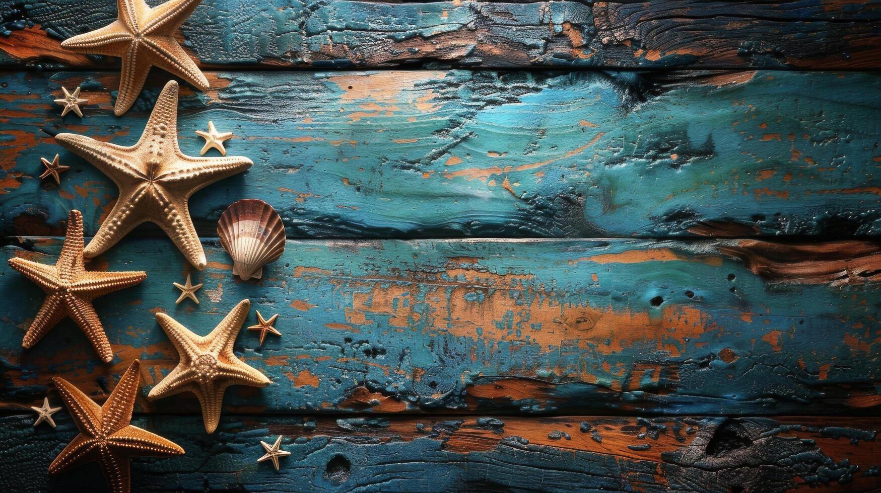 estrelas do mar e conchas do mar em uma de madeira fundo foto