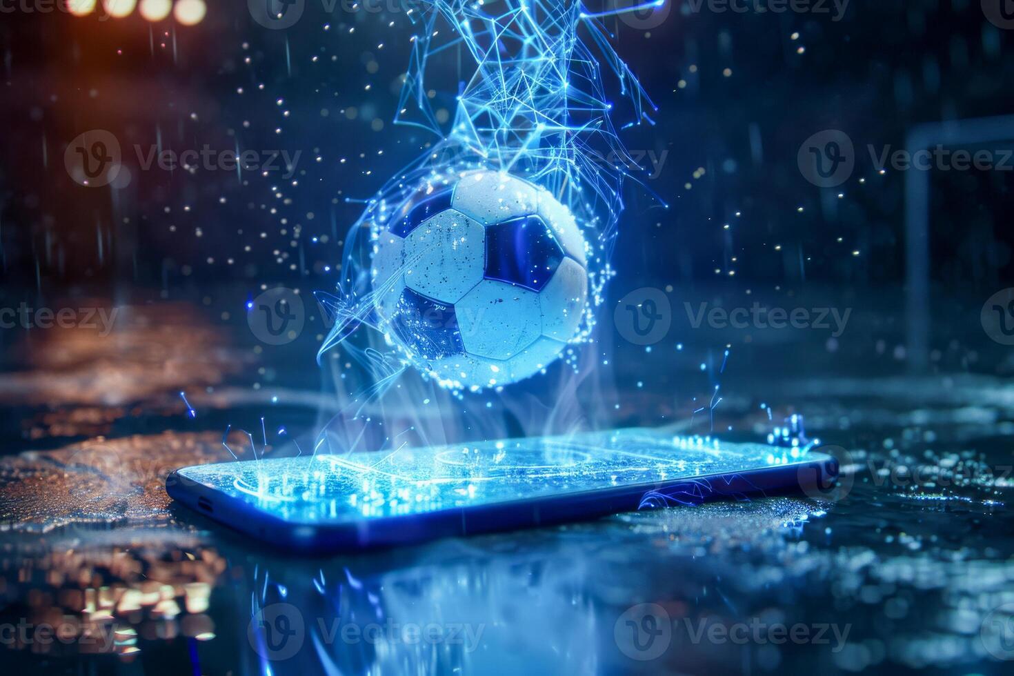 ai gerado uma conceito Projeto para uma futurista futebol jogo, com uma holográfico bola emergente a partir de uma digital dispositivo debaixo a noite céu. k foto