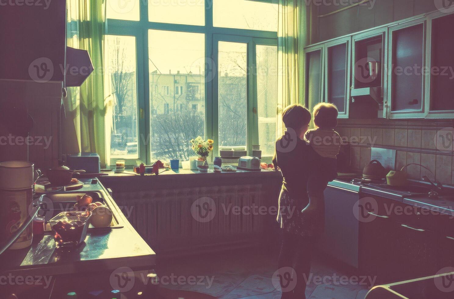 ai gerado retroiluminado silhueta do uma concurso momento entre uma mãe e criança dentro uma caseiro cozinha com luz solar transmissão através a janela foto