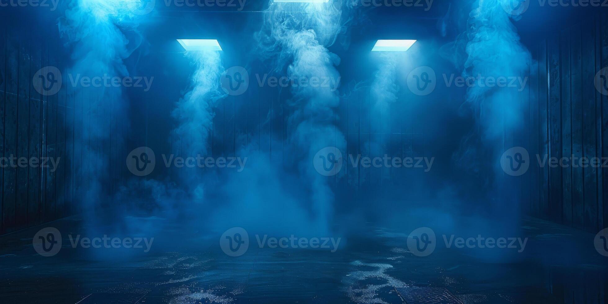 ai gerado misterioso azul fumaça o preenchimento a industrial quarto com temperamental iluminação foto