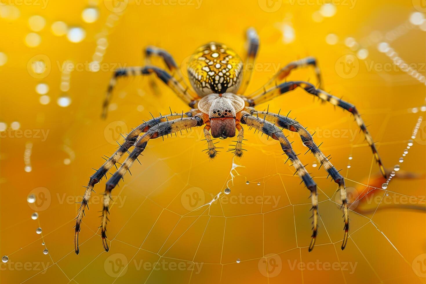 esfera tecelão aranha adornado com manhã orvalho em rede foto