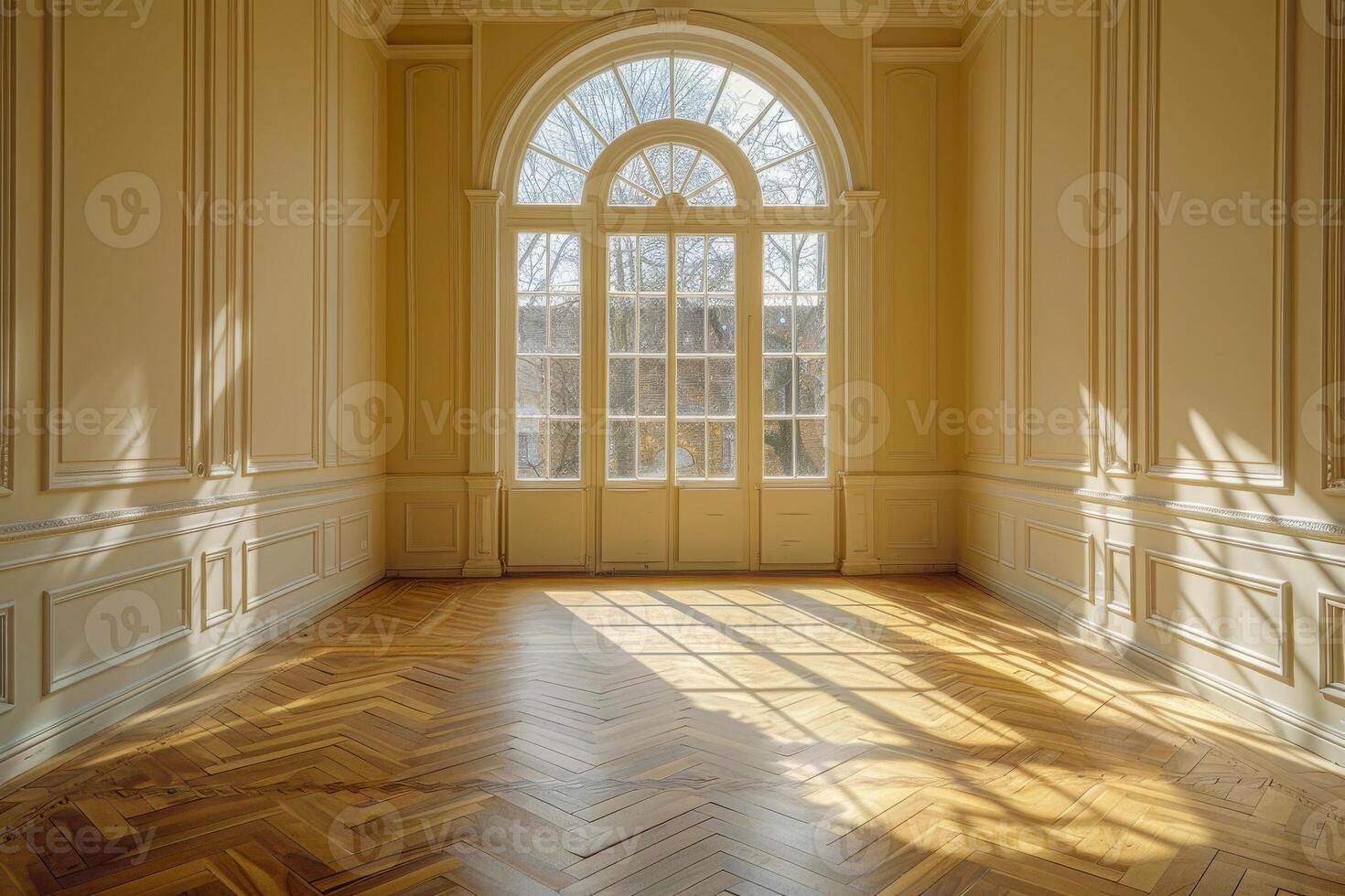 a manhã Sol inundações uma clássico interior com luz através a arqueado francês janela, realçando a quartos grandeza foto