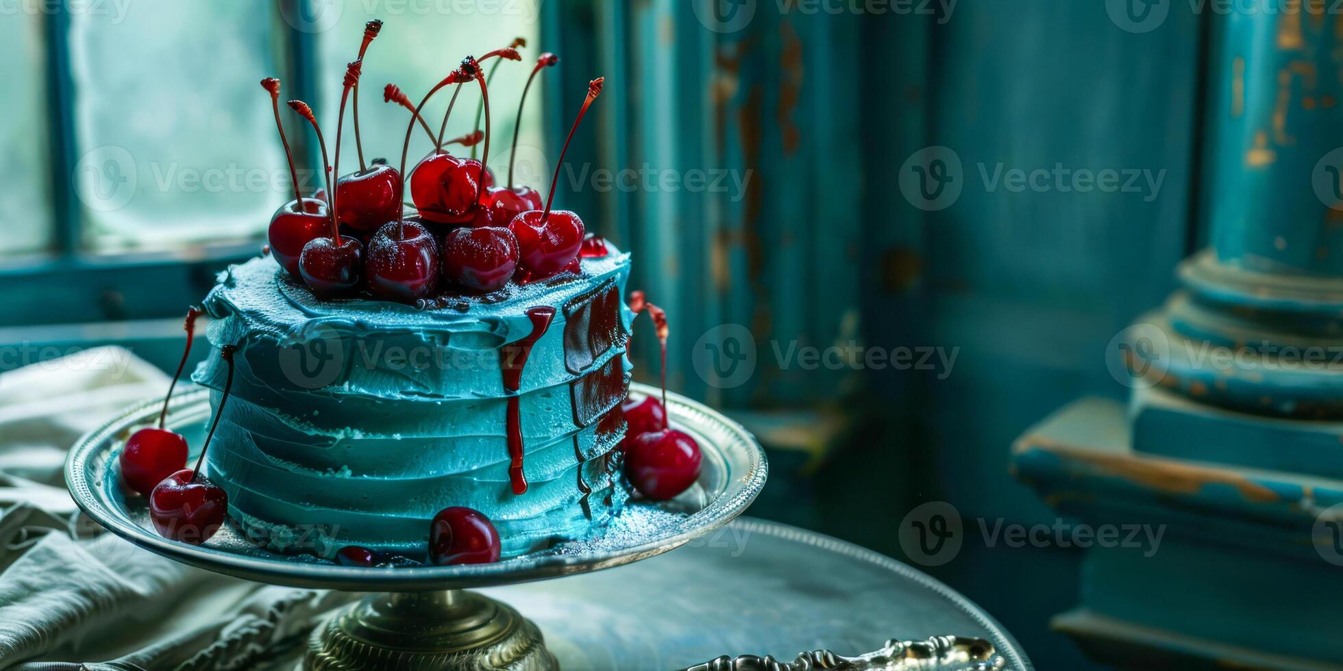 artístico mirtilo envidraçado bolo com cerejas em vintage ficar de pé foto