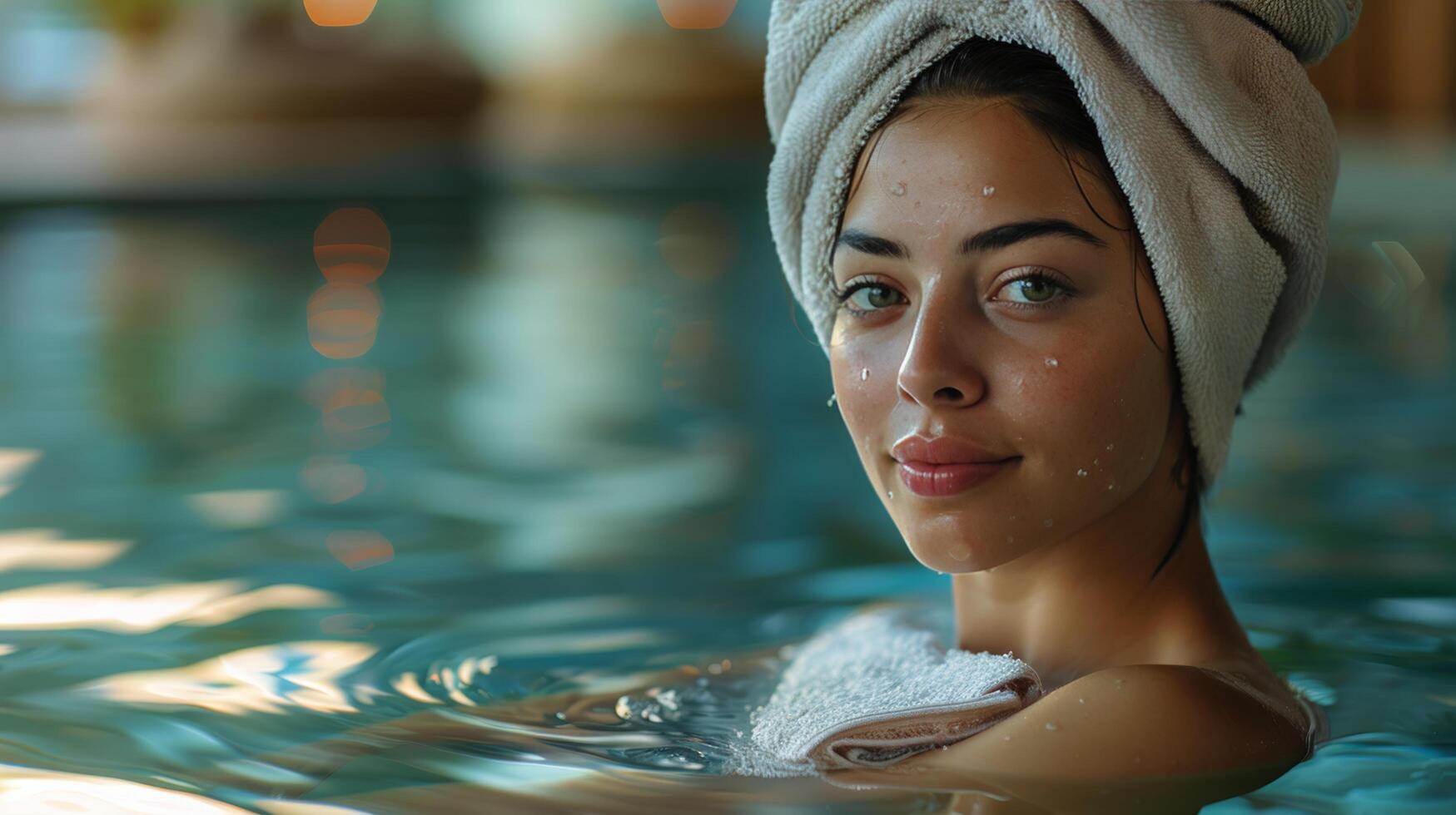 mulher secagem cabelo com toalha dentro piscina foto