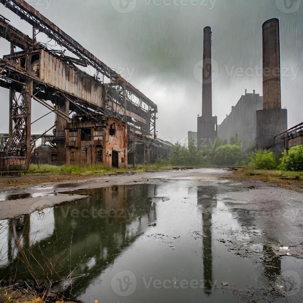 abandonado fábrica industrial ruínas dentro a chuva foto