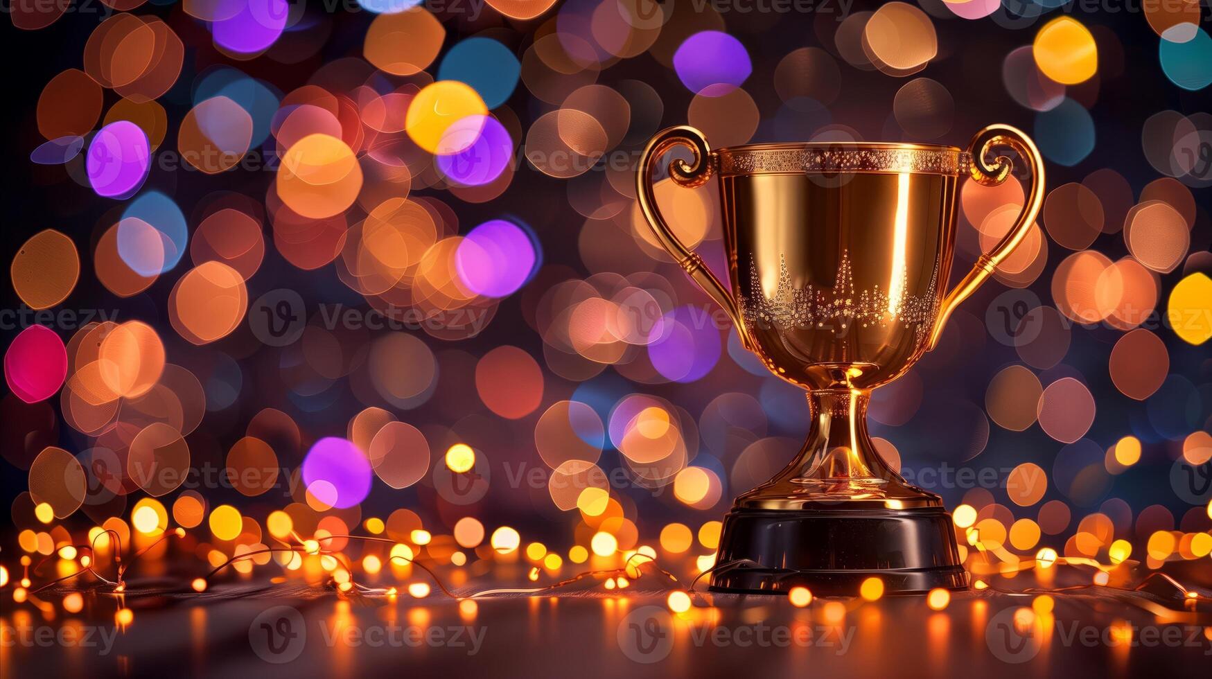 dourado troféu copo com festivo bokeh luzes foto