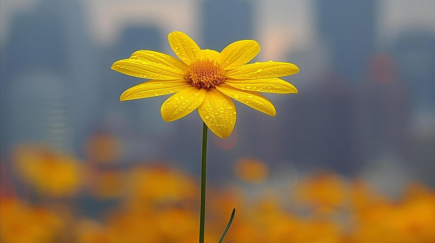 fechar-se do uma coberto de orvalho amarelo flor contra uma borrado cidade pano de fundo foto