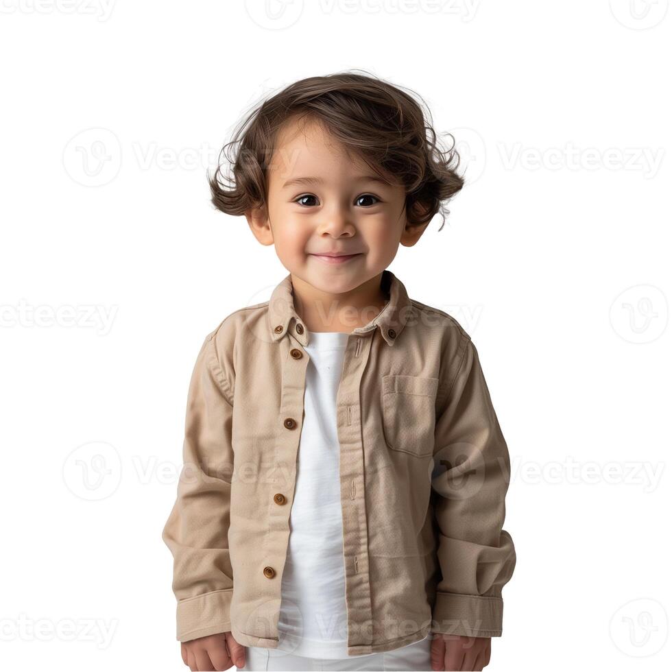 sorridente criança pequena com encaracolado cabelo dentro casual equipamento foto