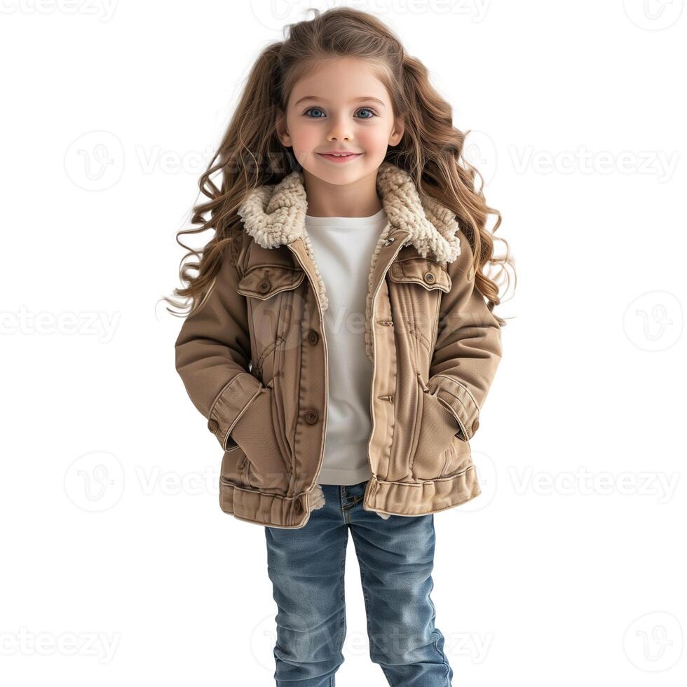 sorridente jovem menina dentro inverno Jaqueta e jeans foto