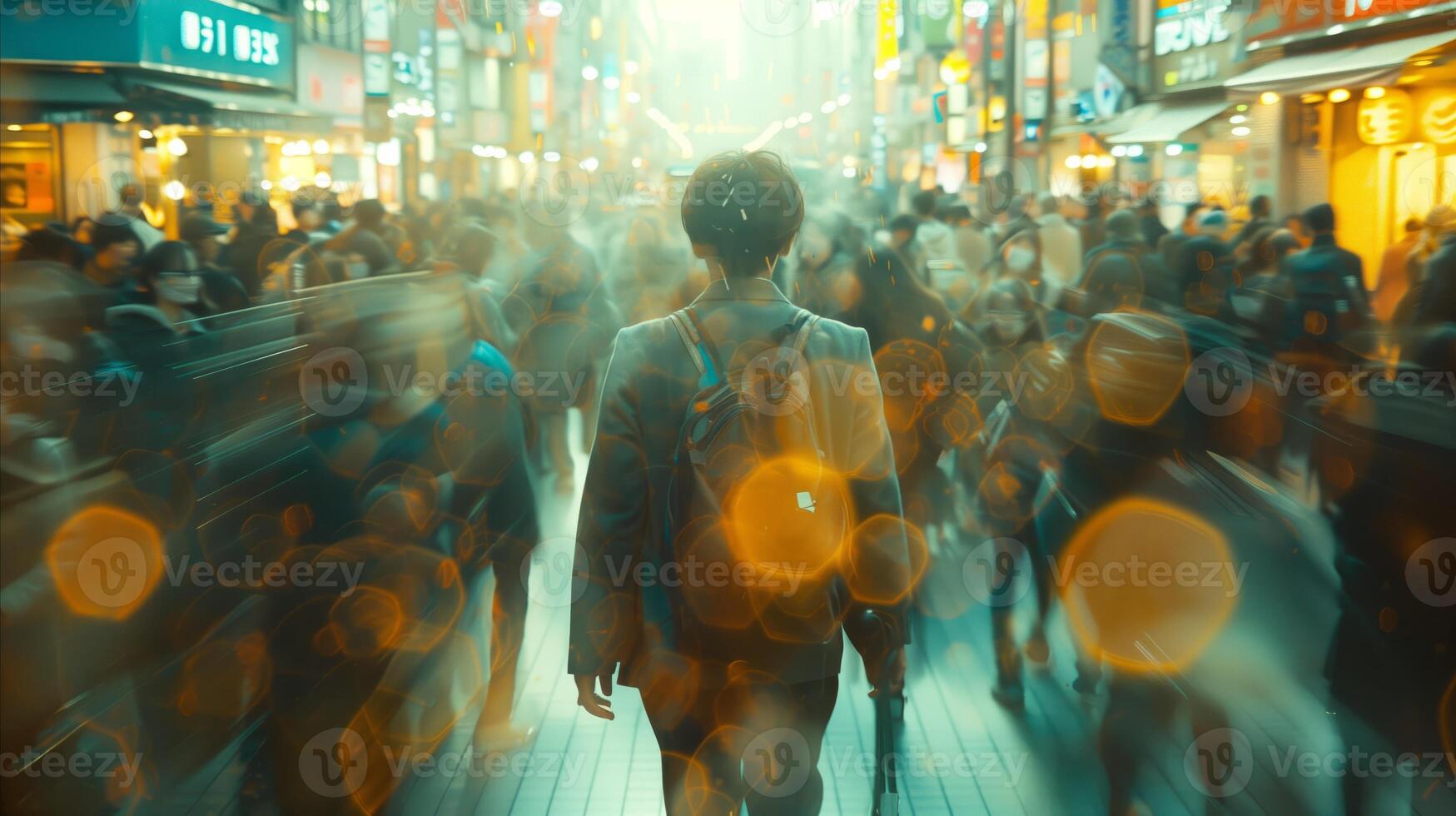 solitário figura no meio borrado multidão em movimentado cidade rua às crepúsculo foto