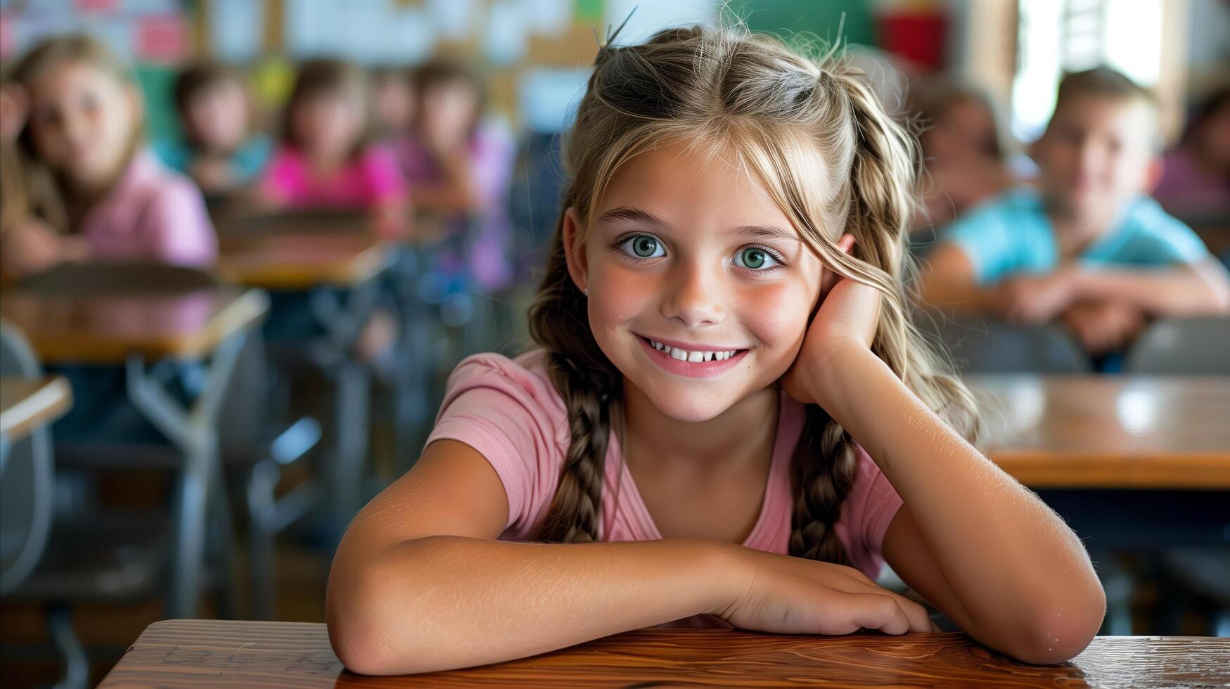 sorridente menina dentro Sala de aula com de outros alunos dentro fundo foto