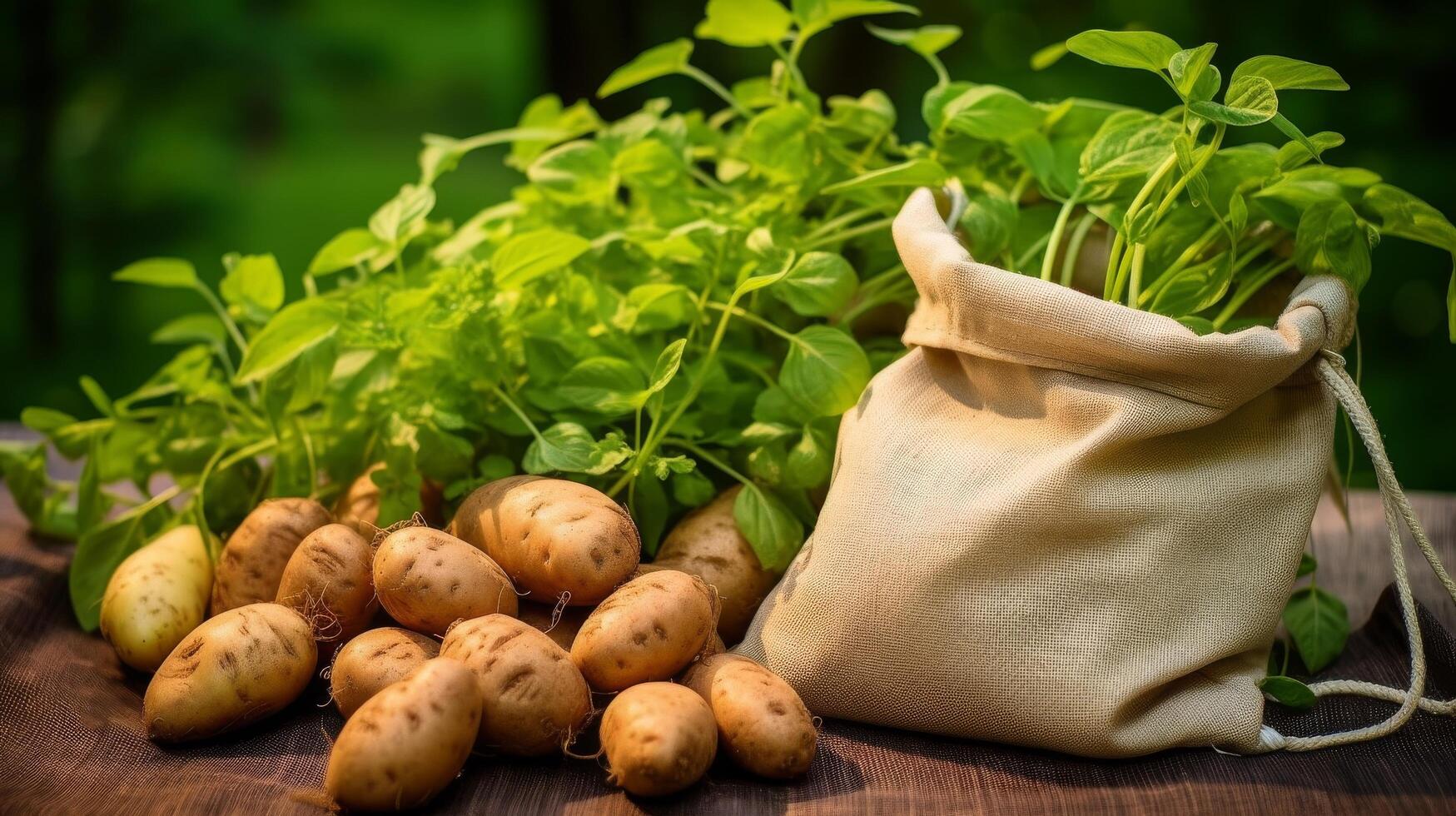 sustentável saco transbordante com batatas foto