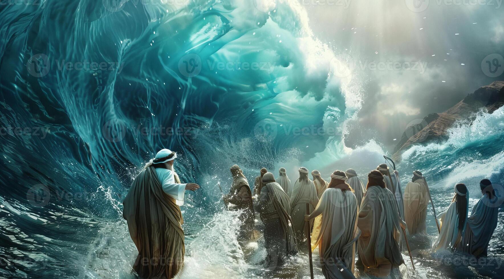 Moisés conduz a êxodo do a israelitas e judeus Fora do Egito e através a vermelho mar foto
