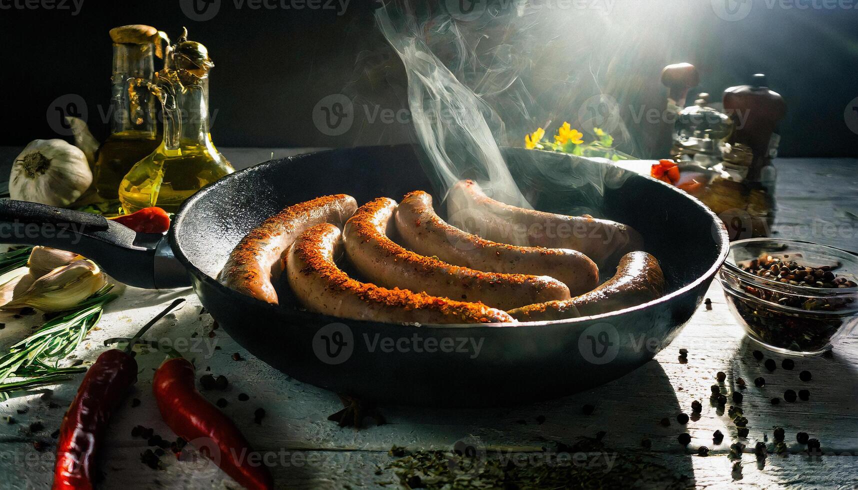 uma fritar panela do quente carne salsichas com especiarias e óleo em uma rústico mesa foto