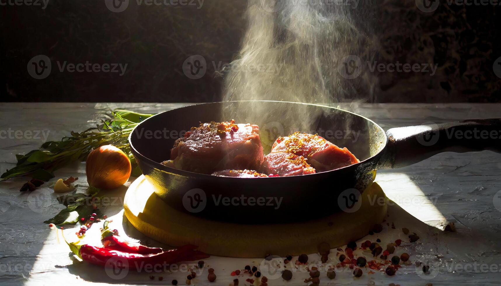 delicioso carne estacas cozinhou em uma frigideira. de madeira corte borda com especiarias e óleo foto