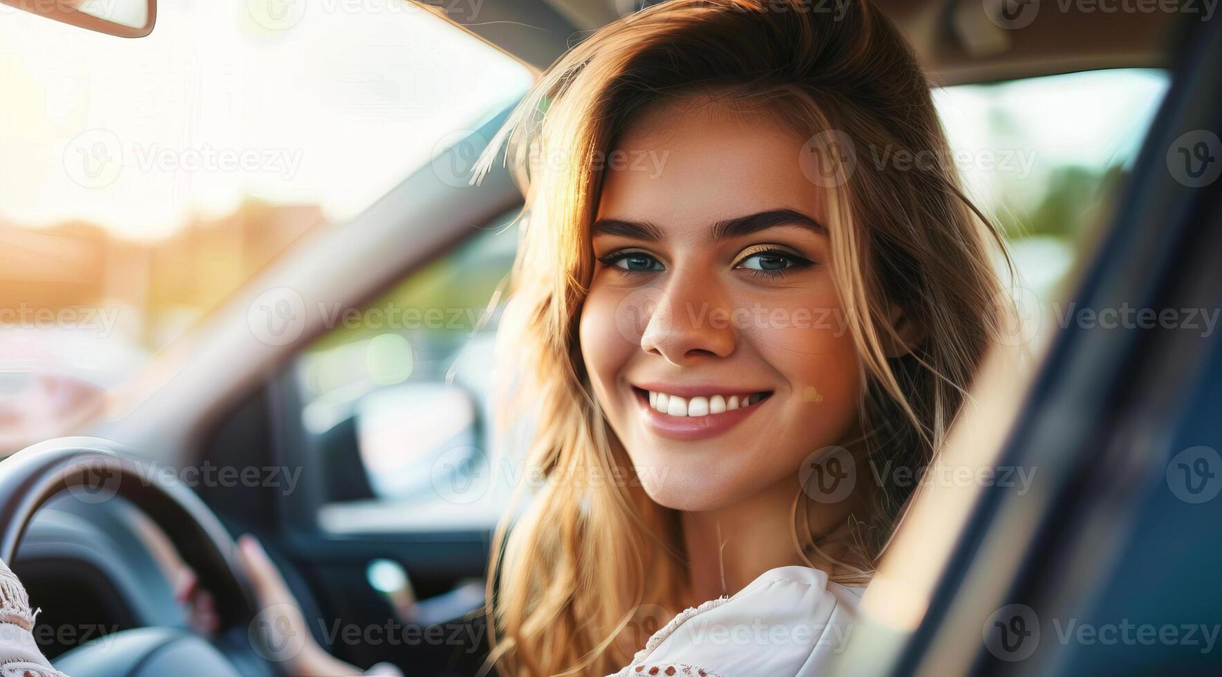 feliz carro propriedade, lindo senhora sorridente quando dirigindo Novo carro carro foto