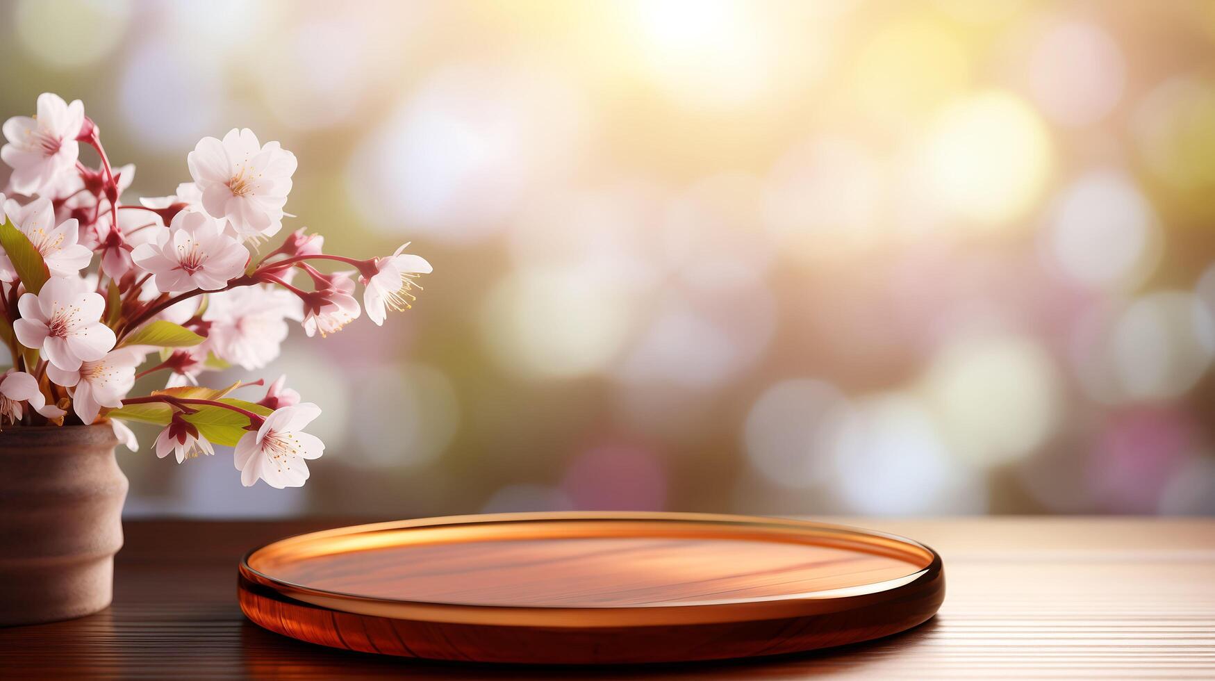 de madeira de mesa mostrar, Primavera flores pano de fundo para produtos mostruário foto