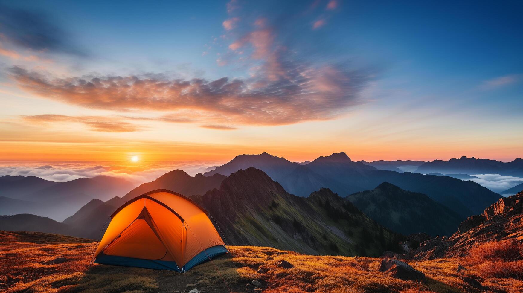 tranquilo montanha pico com acampamento barraca, dourado nascer do sol foto