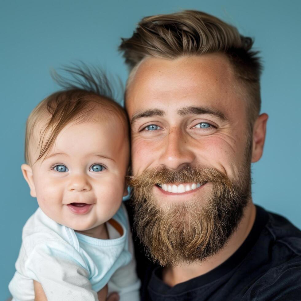 retrato do uma sorridente barbudo homem segurando uma bebê com azul fundo foto