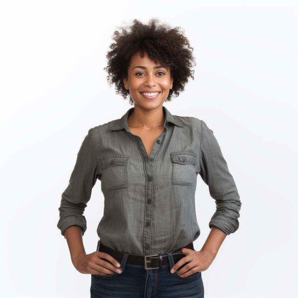 retrato do uma sorridente jovem africano americano mulher para publicidade ou o negócio foto