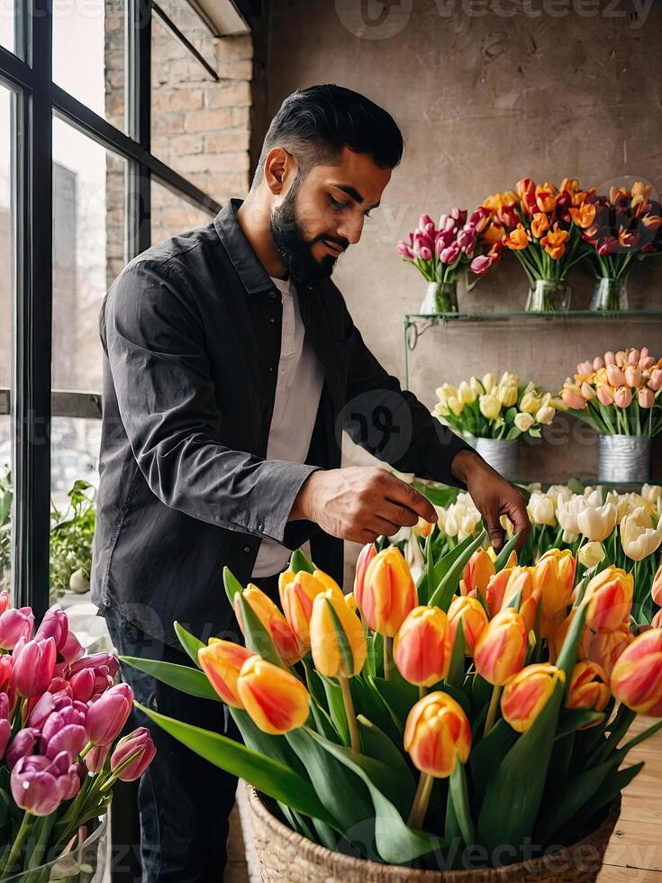 muçulmano homem florista coleta ramalhete do tulipas- fresco cortar flores dentro caixas e vasos dentro flor fazer compras e prateleiras para oferta, Entrega para a feriado. primavera, marcha 8, mulheres dia, aniversário. foto