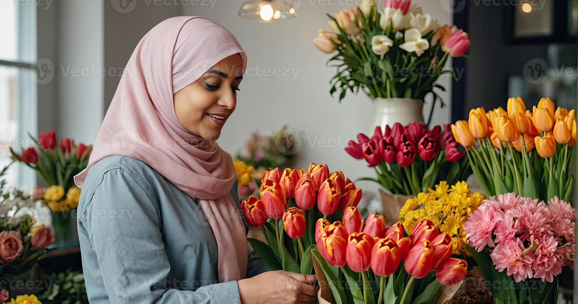muçulmano mulher florista coleta ramalhete do tulipas- fresco cortar flores dentro caixas e vasos dentro flor fazer compras e prateleiras para oferta, Entrega para a feriado. primavera, marcha 8, mulheres dia, aniversário. foto