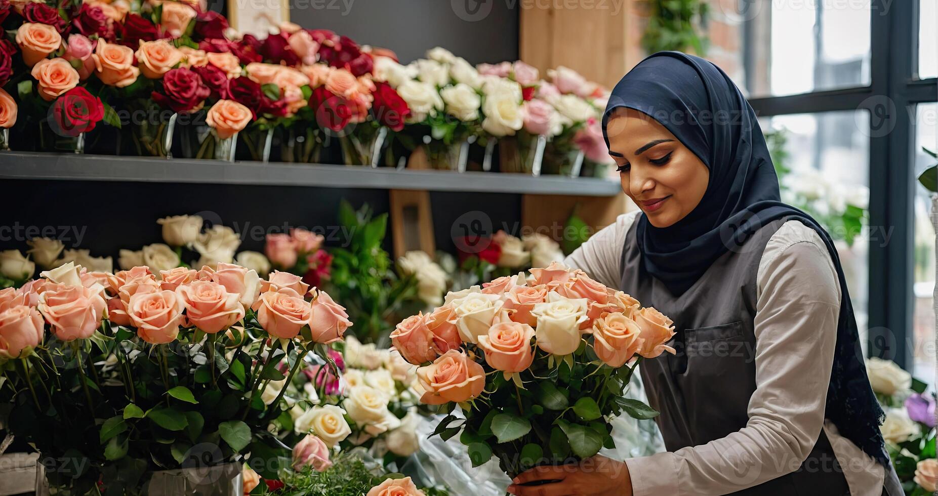 muçulmano mulher florista coleta ramalhete do rosas- fresco cortar flores dentro vasos dentro flor fazer compras e prateleiras para oferta, Entrega para a feriado. primavera, marcha 8, mulheres dia, aniversário. foto