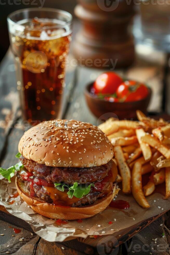 saboroso hamburguer com francês fritas e uma Coca foto