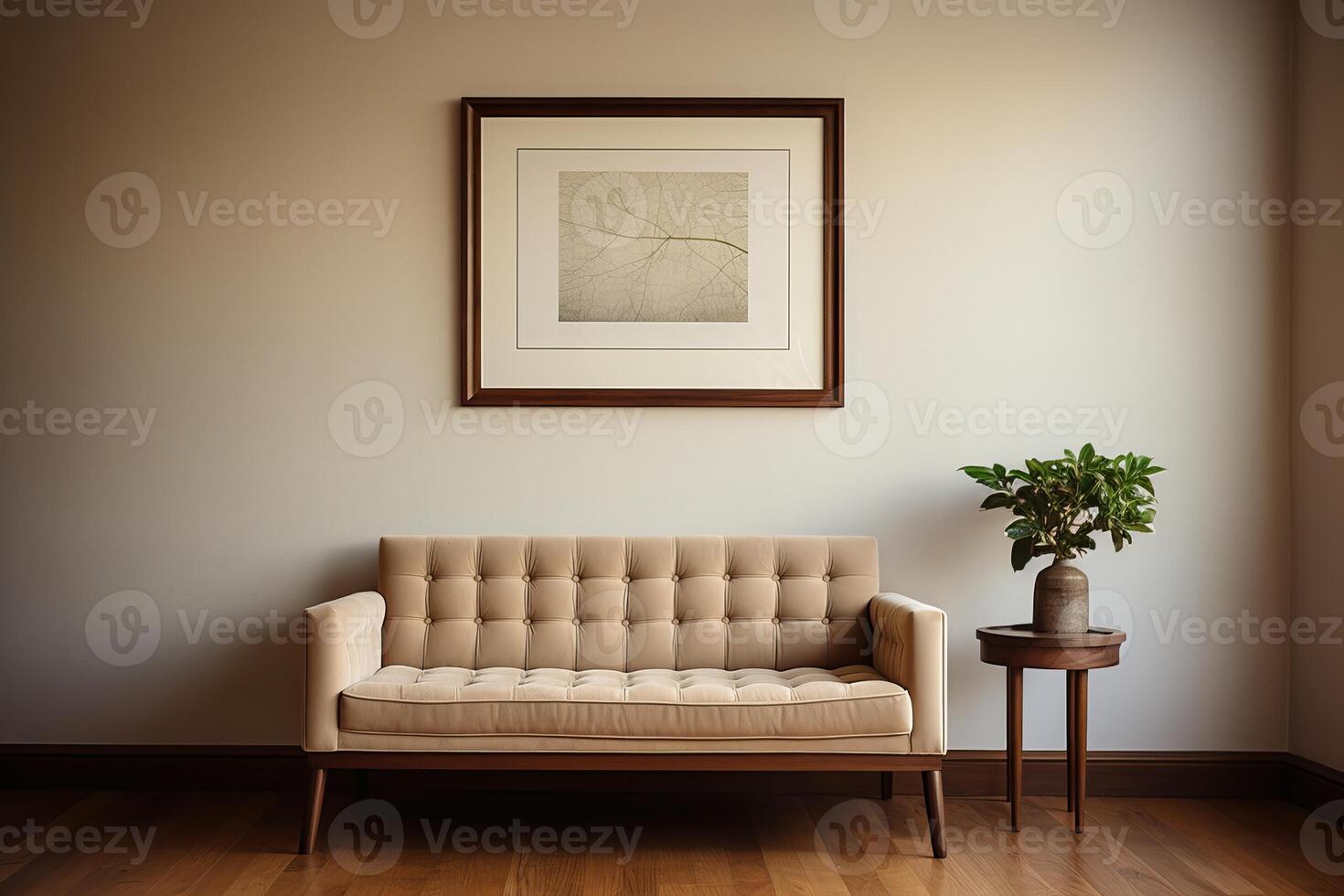 uma solteiro cenário quadro, Armação suspensão em a parede dentro vintage vivo quarto com sofá e luminária foto