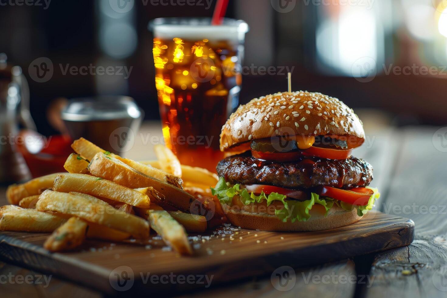 saboroso hamburguer com francês fritas e uma Coca foto