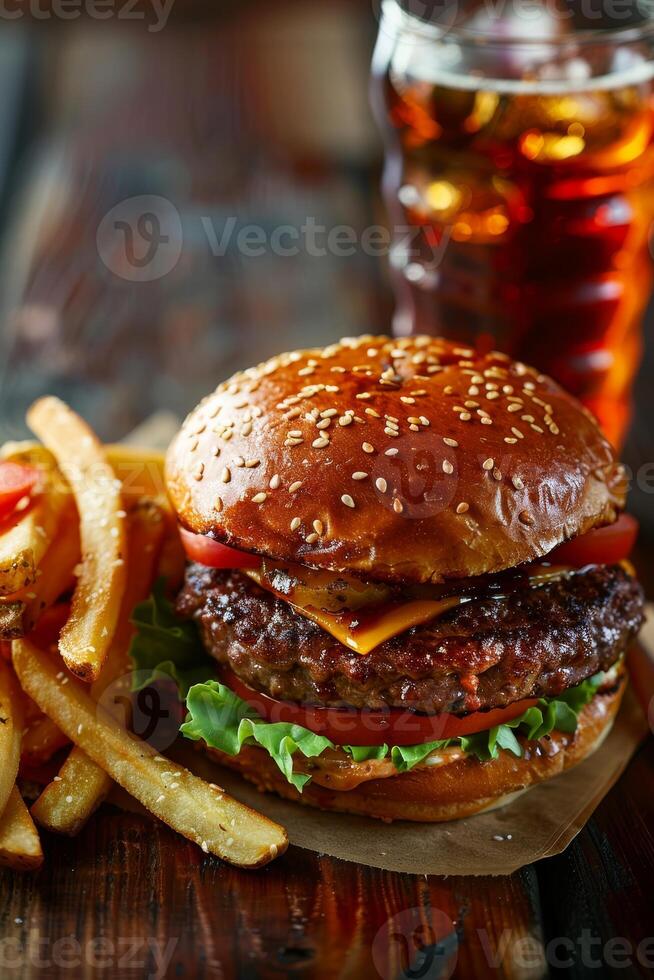 saboroso hamburguer com francês fritas e uma Coca foto