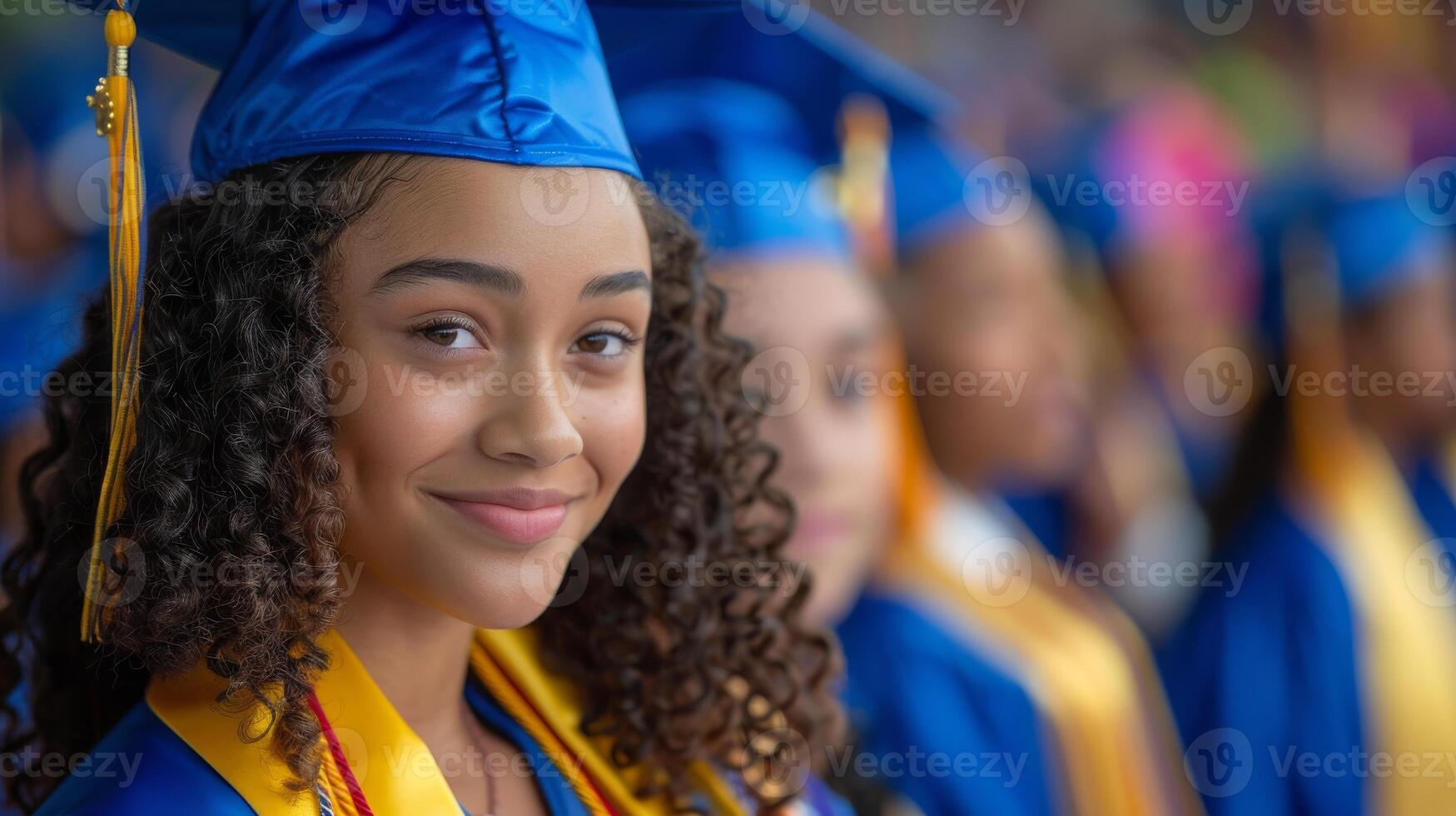 fêmea aluna às graduação cerimônia vestindo dentro cápsulas e vestidos, fechar-se do dela face, borrado alunos em a fundo foto