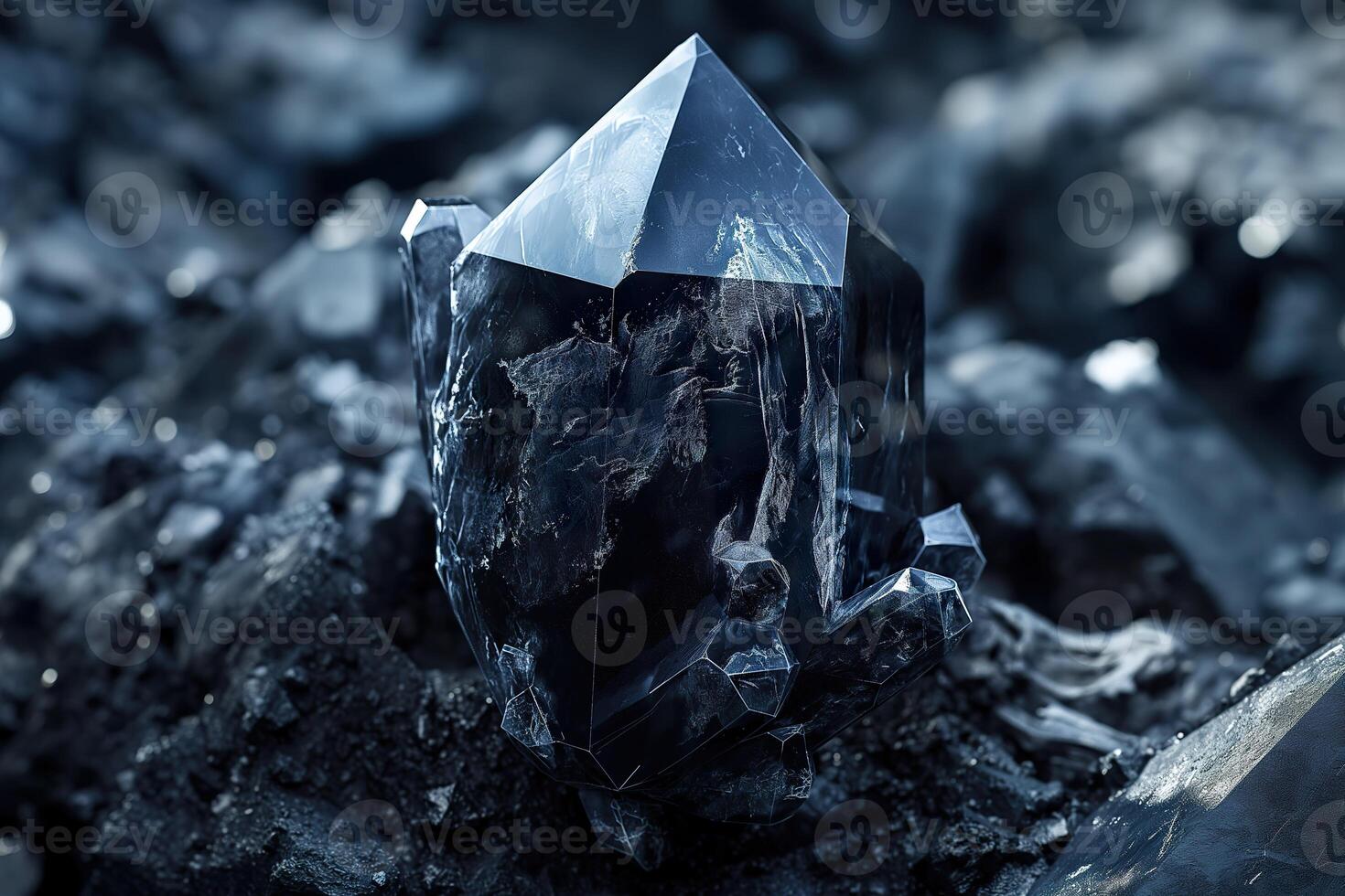 uma Preto diamante cristal colocada no topo uma pilha do rochas, contrastante cores e texturas. foto