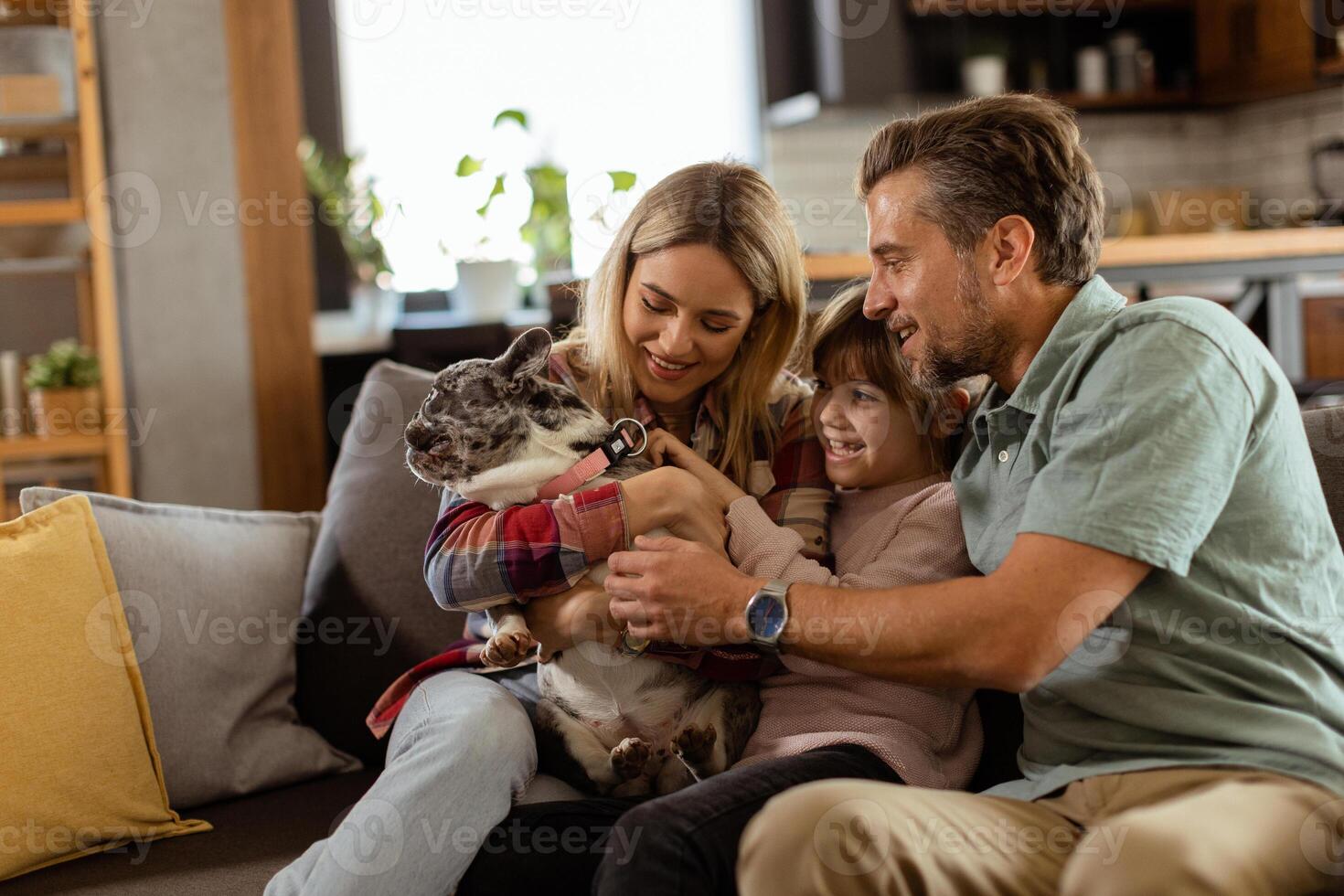 família vínculo Tempo com brincalhão francês buldogue filhote dentro acolhedor vivo quarto foto