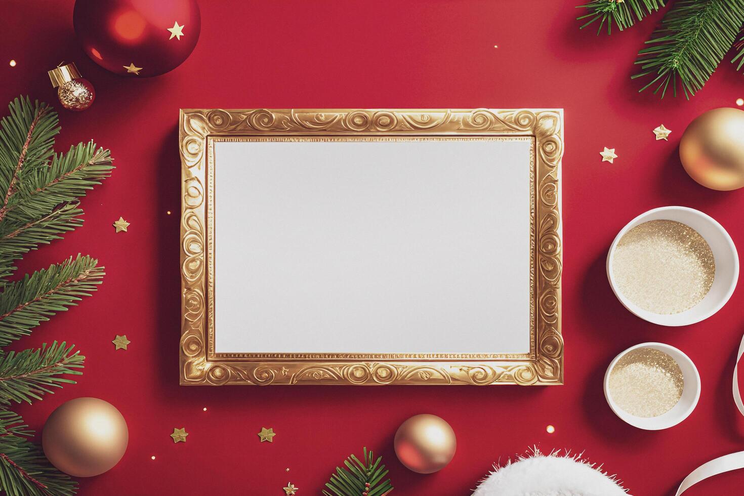 ouro enfeite em branco quadro, Armação com Natal acessórios em vermelho fundo foto