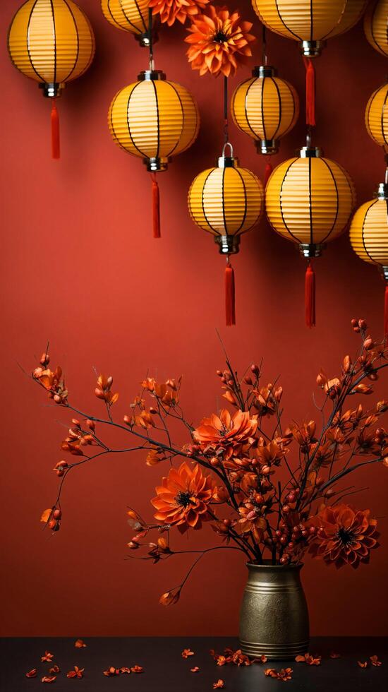 China Novo ano lanternas e decorações em vermelho fundo foto