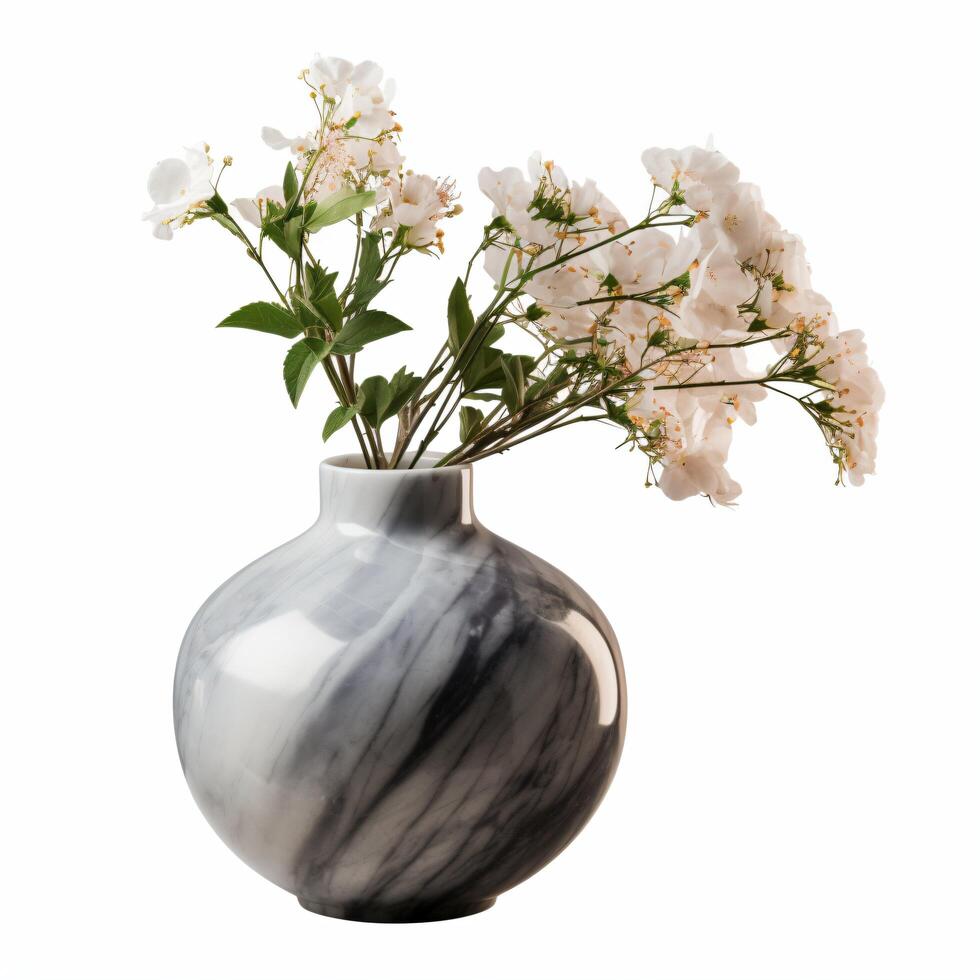 branco mármore lustroso volta vaso com flores isolado imagem foto