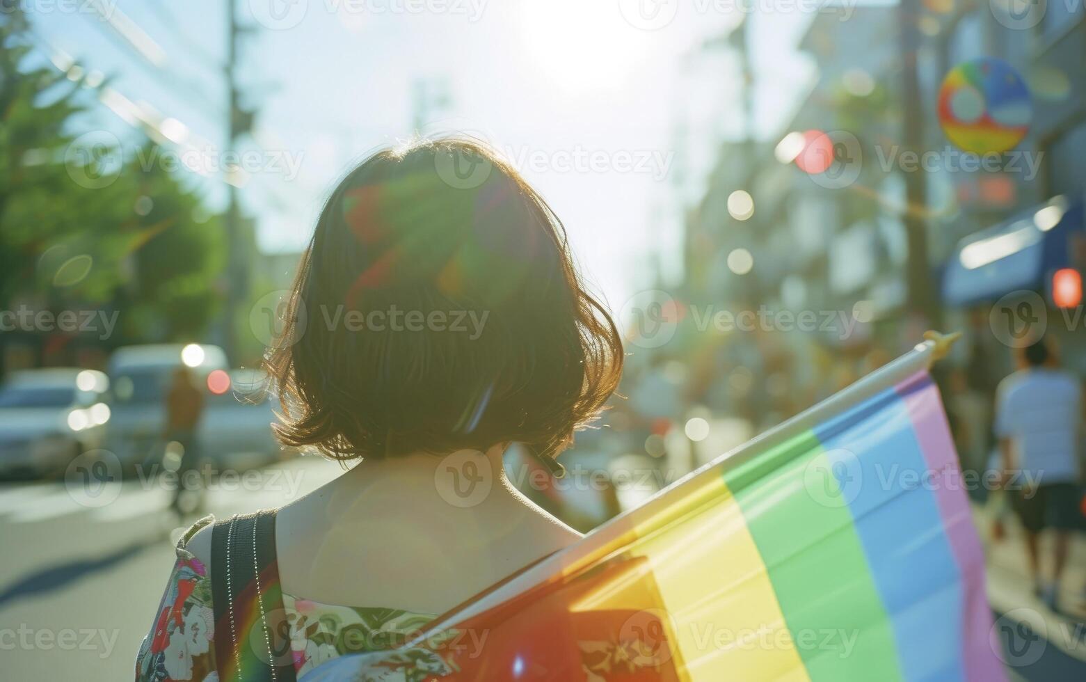 jovem japonês mulher, costas virou, adornado com a lgbt orgulho arco Iris bandeira, no meio a cheio de bokeh ruas do uma ensolarado dia orgulho parada dentro a cidade foto