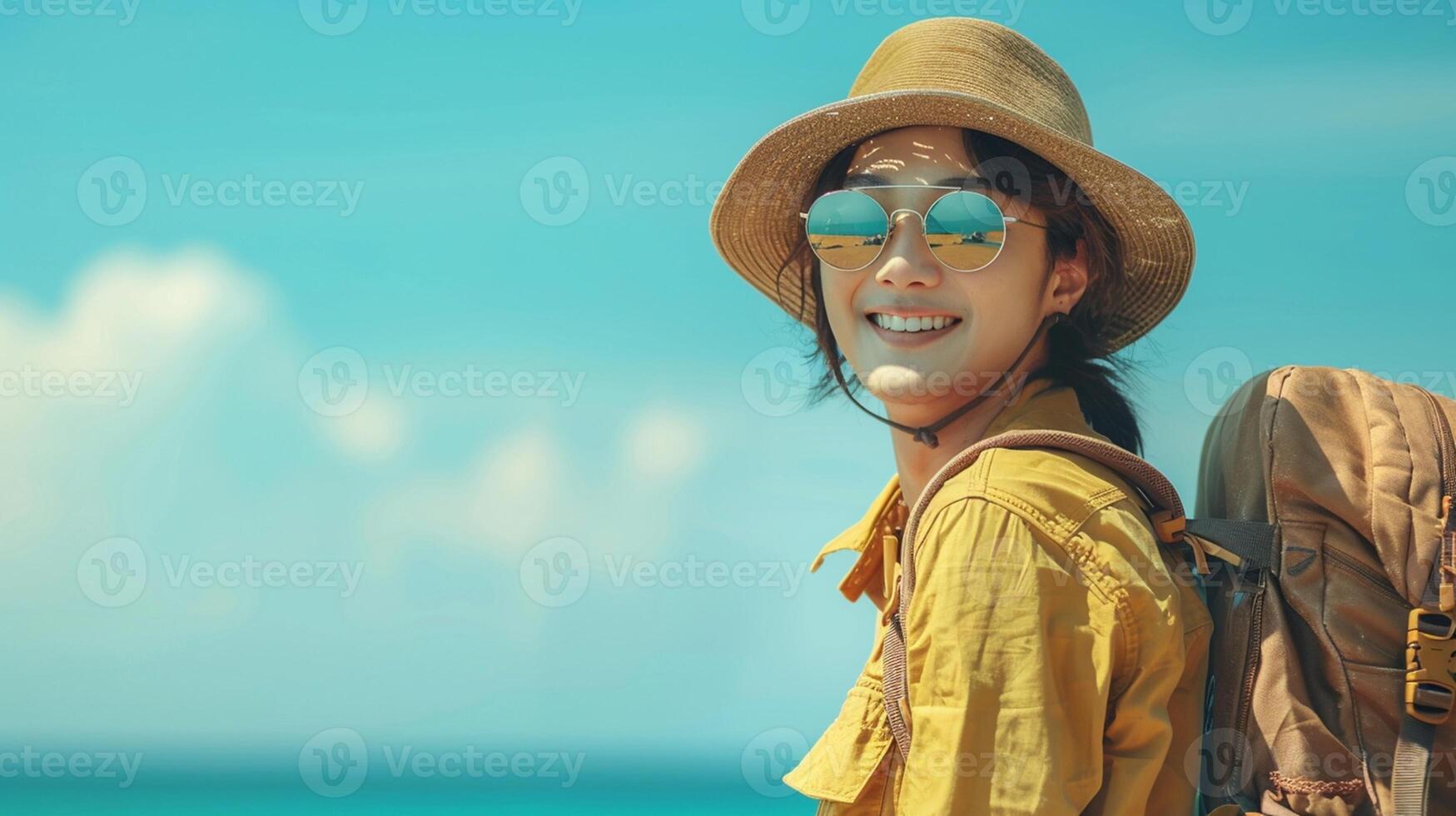 retrato do bonito ásia homem vestindo Palha chapéu e oculos de sol pronto para viagem, viagem conceito foto