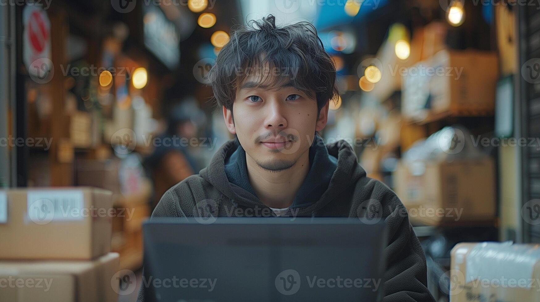 jovem ásia homem usando computador portátil às pequeno armazém. comece e conectados compras conceito. foto