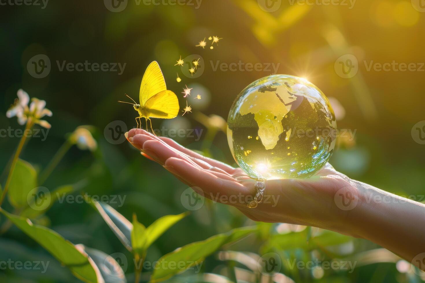 eco amigáveis terra dia cartão com globo árvore e borboleta. foto